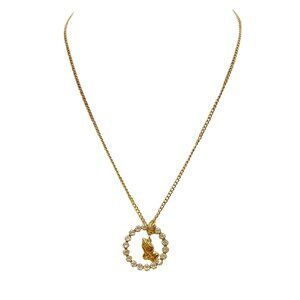Gold Plated Praying Hands Vintage Necklace with Rhinestone Circle Pendant